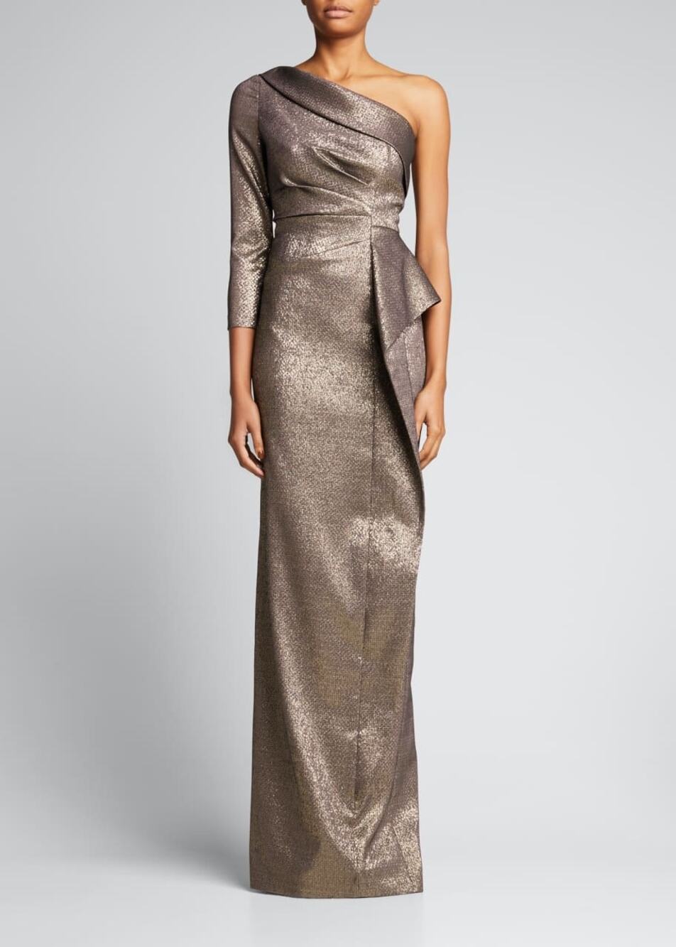 Rickie Freeman Teri Jon Bronze One Shoulder Jacquard Peplum Formal Gown 16